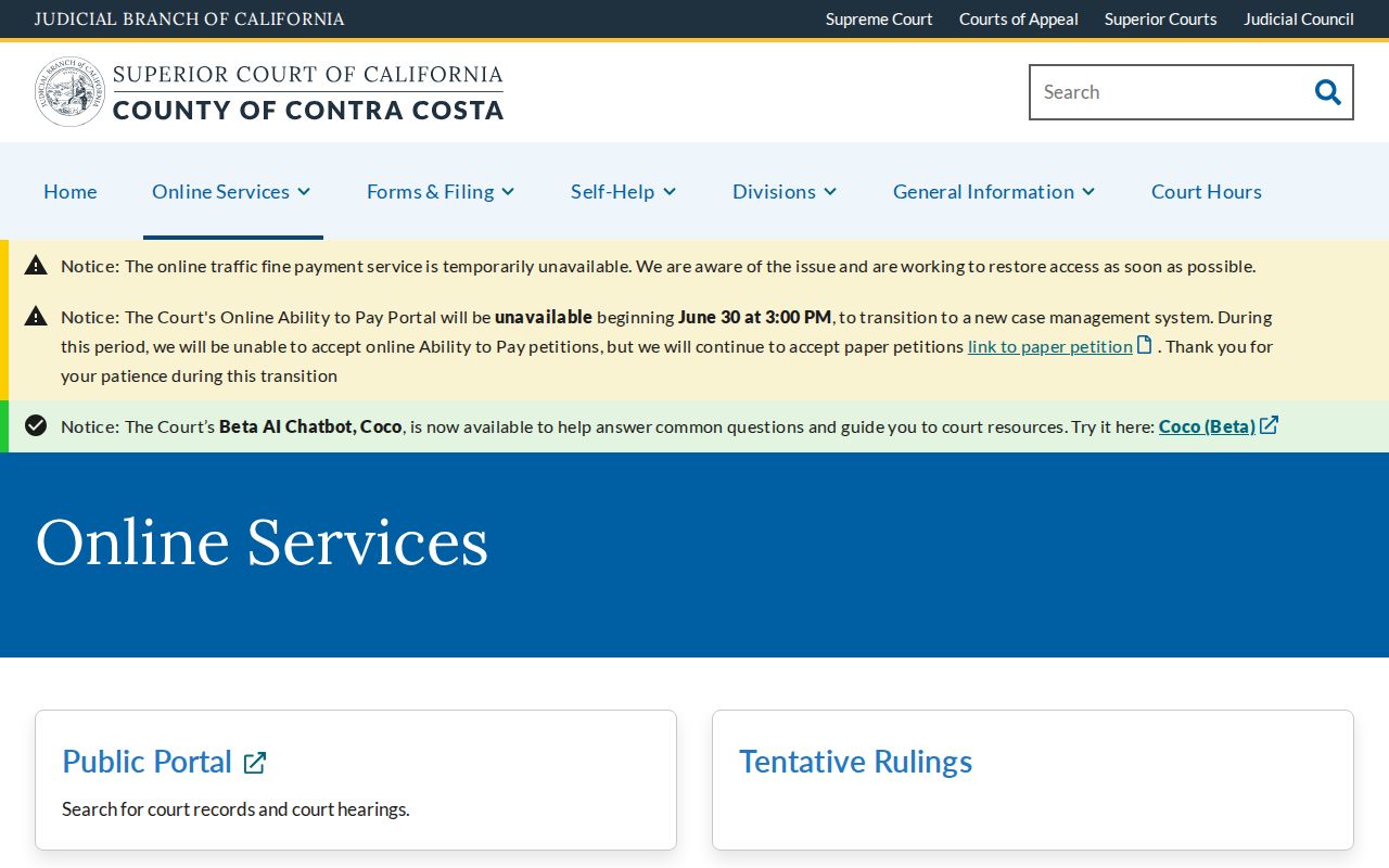 Concord people search Contra Costa Superior Court online services page