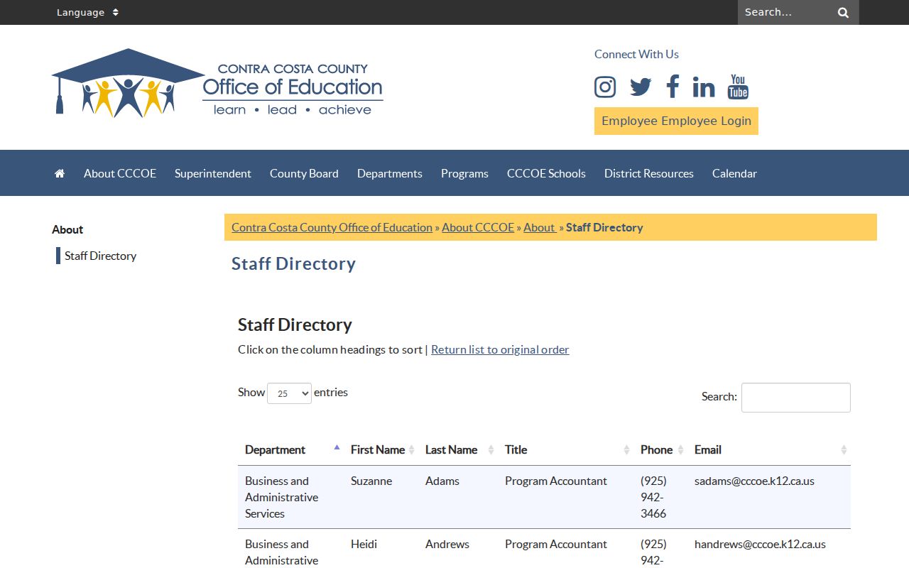Concord people directories screenshot of the Contra Costa County Office of Education staff directory