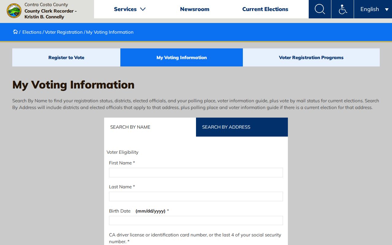 Contra Costa County My Voting Information page for a Concord voter registration lookup