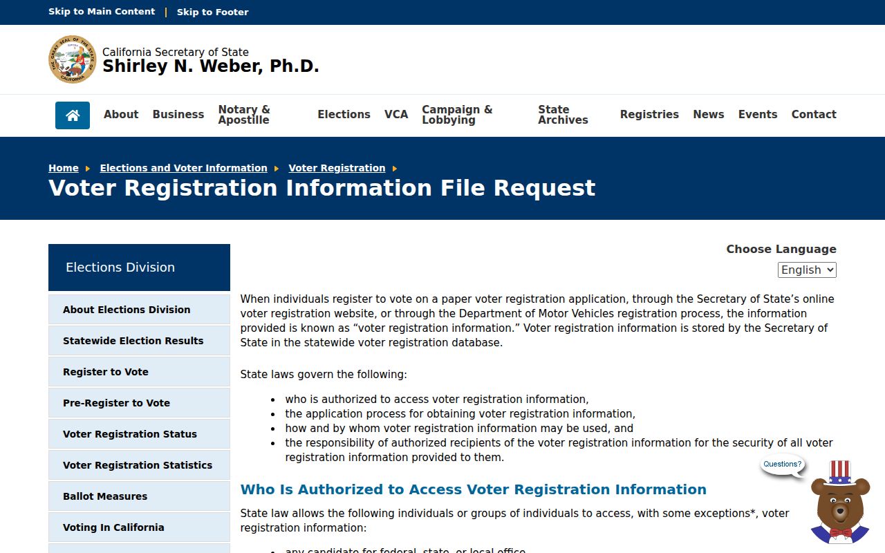 California Secretary of State voter registration information file request page